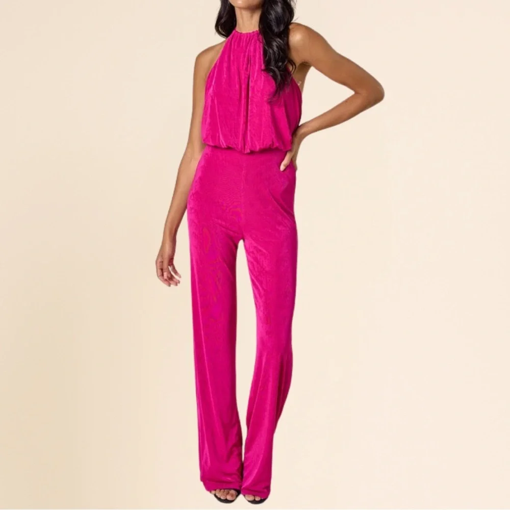 Blue Blush Vibrant Pink Halter Jumpsuit - Picture 2 of 13